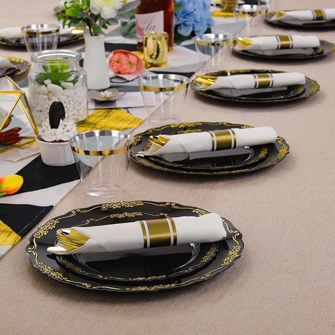 U-QE 175PCS Black Plastic Plates&Pre Rolled Napkins with Gold Cutlery, Black and Gold Plastic Dinnerware Set for 25Dinner Plates, 25Dessert Plates, 25Cups, 25Gold Silverware Sets, 25Napkins for Party