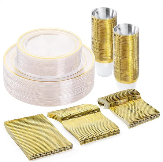 150PCS Plastic Dinnerware Set (25 Guests), Clear Gold Disposable Plates for Party, Wedding, Christmas, Anniversary, Includes: Dinner Plates, Dessert Plates, Cups, Spoons, Forks and Knives