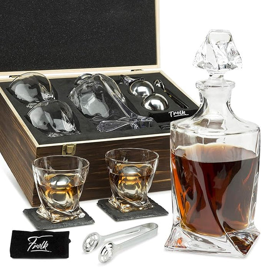 Whiskey Decanter Gift Set for Men – Twisted Bourbon Decanter, 2 Glasses, 2 XL Stainless Steel Whisky Stones - Balls, 2 Slate Coasters, Special Tongs & Freezer Pouch in Pinewood Gift Box