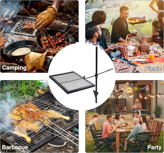 Lineslife Swivel Campfire Grill Grate, Adjustable Heavy Duty Steel Fire Pit Grill Grate Over Fire Pit, Open Fire Grill with Carrying Bag for Outdoor Cooking Camping, Rectangle Black