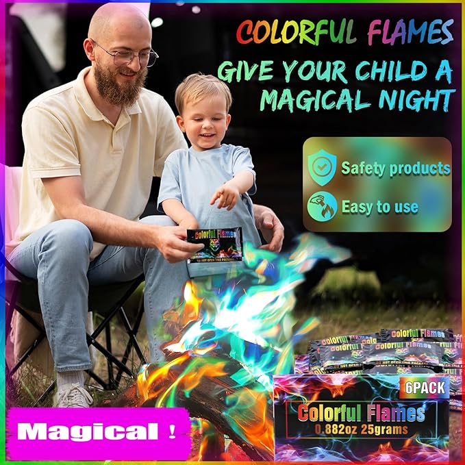 Fire Color Changing Packets [6Pack]，Color Fire Packets for Outdoor Campfires, Fire Pits, Fireplaces, Colorful Flames, Long Burn Time, Safe, Magic for Child