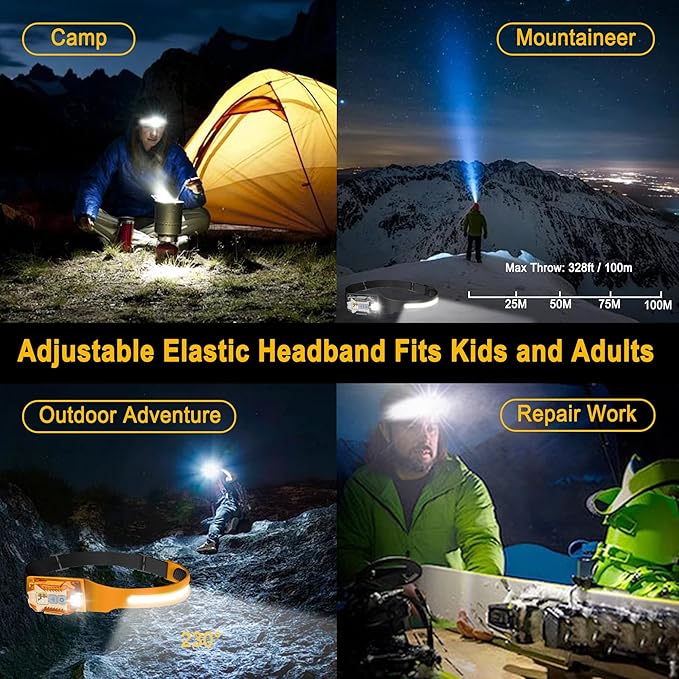 2-in-1 LED Headlamp Rechargeable, Sensing COB Headlamp Flashlight, IP65 Waterproof Magnetic 9 Modes Head Light for Adults Night Running Camping, Fishing, Hiking, Repair and Gift (Orange)