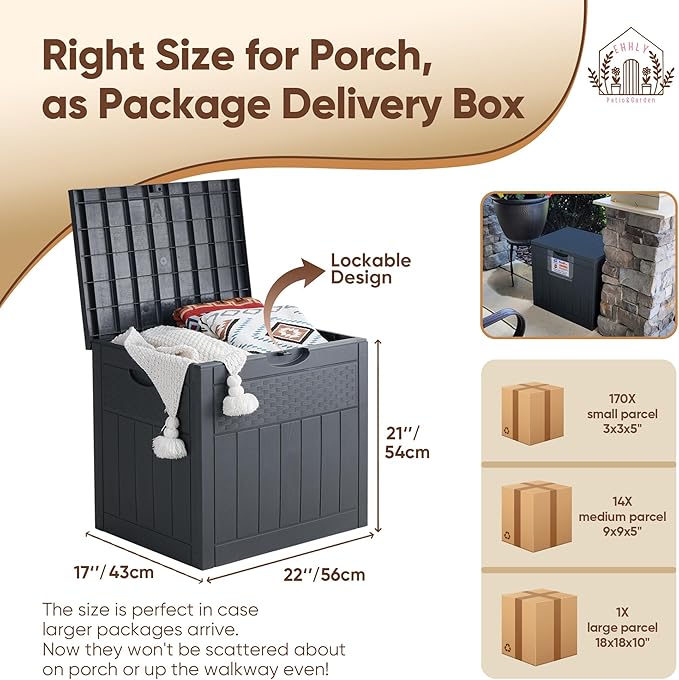 33 Gallon Deck Box, Small Outdoor Storage Box Waterproof, Lockable Secure Package Bin Delivery Box for Outside Front Porch, Patio Cushions Storage Box, Delivery Driver Snack Box for Porch, Grey