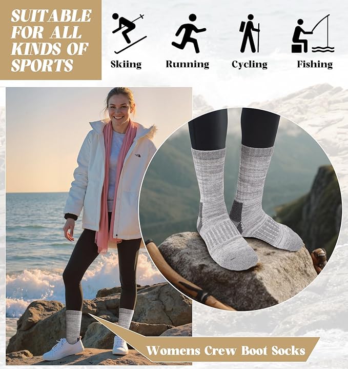 Justay 4 Pairs Merino Wool Socks for Women, Hiking Thermal Warm Winter Cozy Thick Boot Socks for Women Gifts