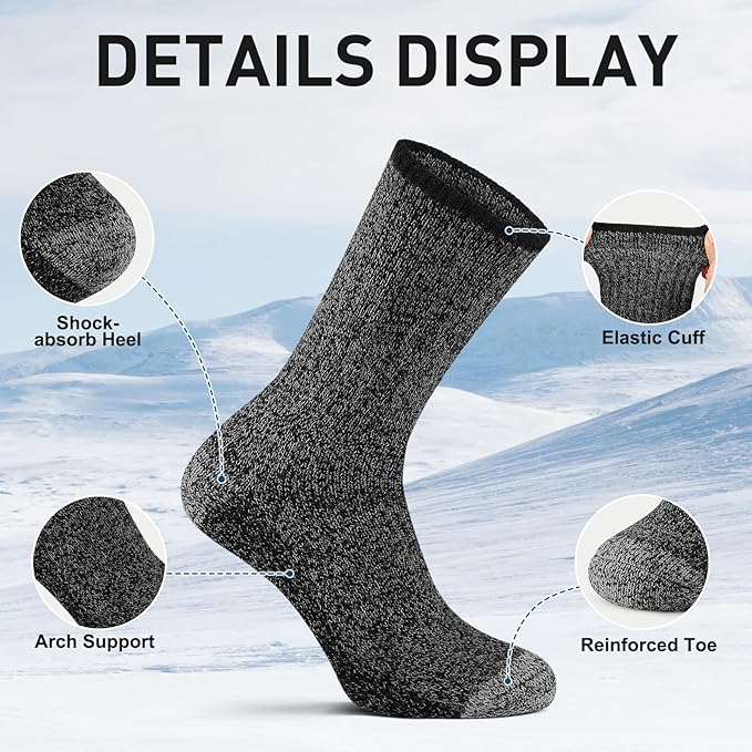 UUMIAER Merino Wool Socks for Men Hiking Thermal Warm Winter Crew Socks Thick Cushion Moisture Wicking Socks 5 Pairs
