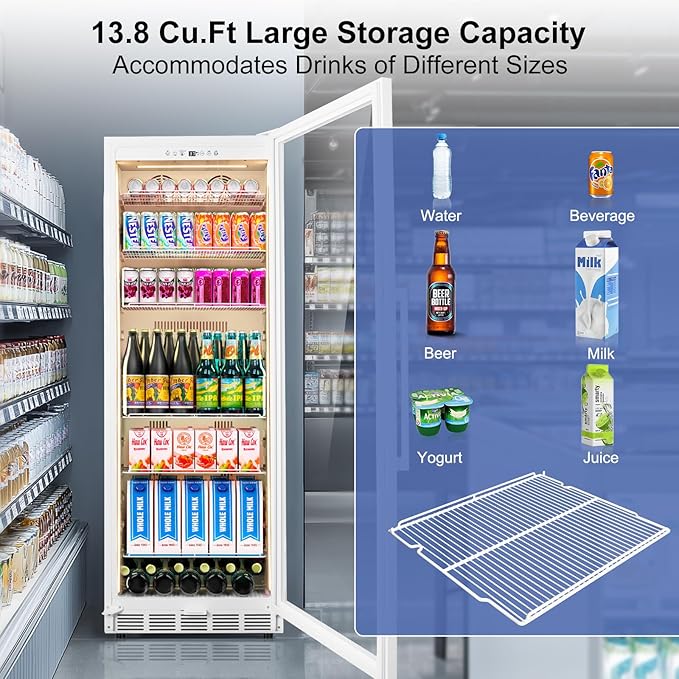 Commercial Display Refrigerator with Glass Door, Upright Beverage Cooler Merchandiser with Reversible Door, Drink Fridge with Door Lock for Restaurant Supermarket Convenience Store, 13.8 Cu.Ft