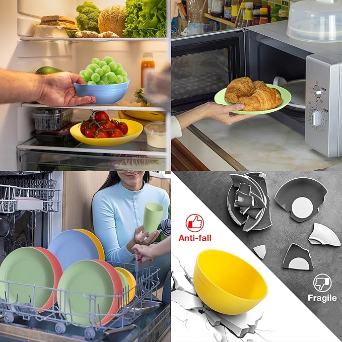 32 pcs Unbreakable Lightweight Wheat Straw Dinnerware Sets for 8, Reusable Kids Plates and Bowls Sets Non Toxic, Microwave and Dishwasher Safe Plastic Dishes Set, Camping RV Picnic Dishes