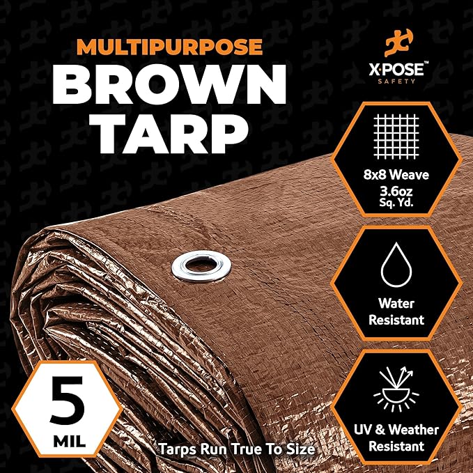 Multipurpose Protective Cover Brown Poly Tarp 10' x 12' - Durable, Water Resistant, Weather Resistant - 5 Mil Thick Polyethylene - by Xpose Safety