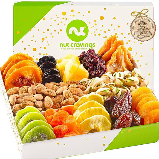 NUT CRAVINGS - Diwali Sweets Hamper Rosh Hashana & Shana Tova Dried Fruit & Mixed Nuts Gift Basket in White Gold Box (12 Assortments) Food Arrangement, Healthy Snack Care Package, Food Assortments