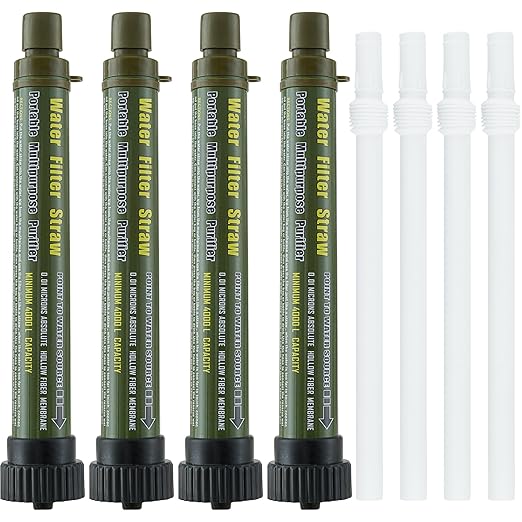 Water Filter Straw Outdoor Portable Personal Water Filter Straw Water Purifier Survival Gear and Equipment for Hiking Camping Travel and Emergency 4 Pack Army Green