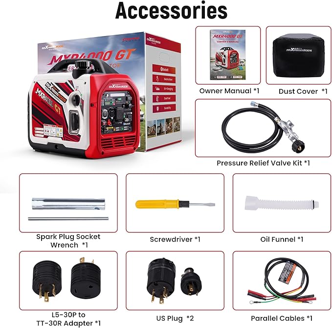 maXpeedingrods 4000 Watt Dual Fuel Inverter Generator with Bluetooth® Control Start and Display, RV Ready, Electric Start, Quiet for Outdoor Camping, Home Backup, Garden，PGMA Compliant
