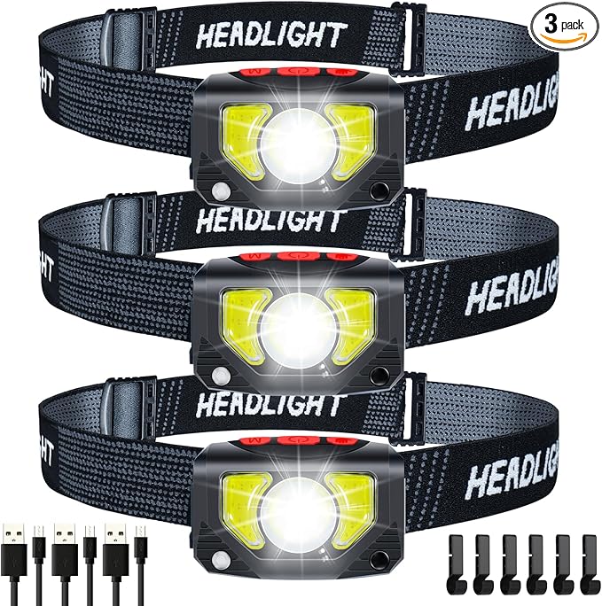 LED Headlamp Rechargeable, 3 Pack Head Lamp Flashlight Headlight Light with Motion Sensor for Outdoor Camping Biking Running Fishing