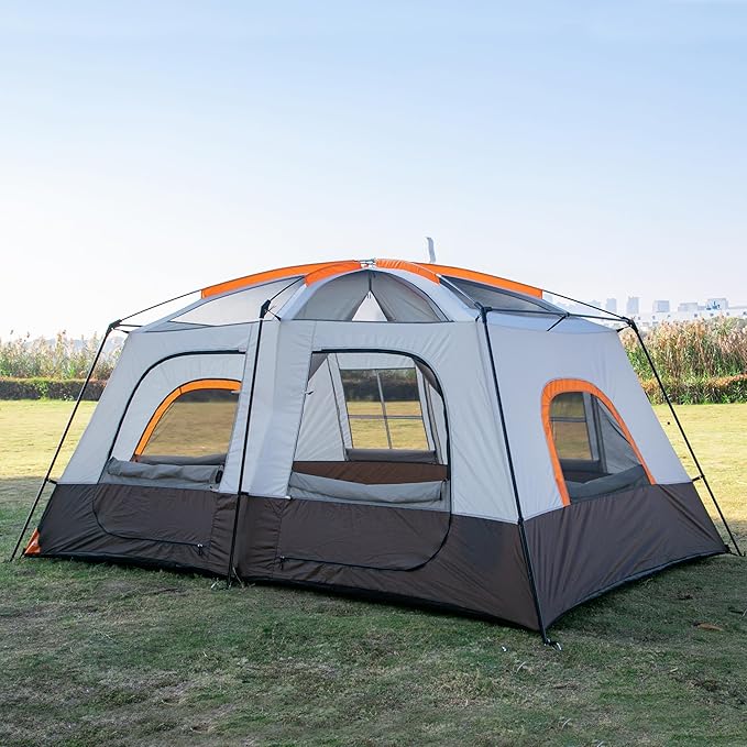 KTT Extra Large Tent 6-10-12-14 Person(A),Family Cabin Tents,2 Rooms,3 Doors and 3 Windows with Mesh,Straight Wall,Waterproof,Double Layer,Big Tent for Outdoor,Picnic,Camping,Family Gathering