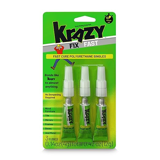 Krazy Fix Fast Waterproof Glue, Fast Curing Polyurethane Singles, Repair Adhesive for Shoe Repair, Ceramic, Plastic, Jewelry, Metal, 12 Grams (Pack of 3 x 4g mini Tubes)