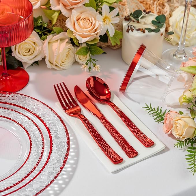 Ciaell 150 PCS Red Plastic Plates – Clear Hammered Disposable Plates with Red Rim include 50Plates, 25Forks, 25Knives, 25Spoons, 25Cups for Wedding & Party & Anniversary & Christmas