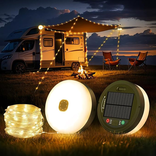 Solar Camping String Lights, 33FT 3000mAh Retractable 4 in 1 Camp Lights with 8 Modes, Portable Rechargeable Camp Lamp, Camping Lamp Outdoor Waterproof, Tent Light for Party, Yard, Hiking