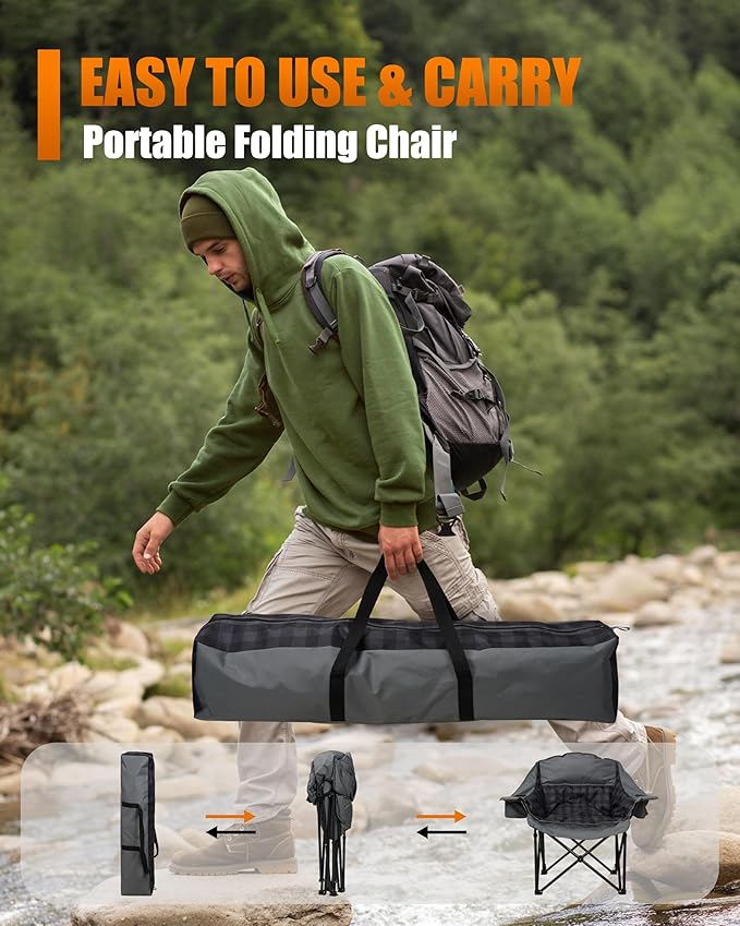 2 Pack Oversized XL Camping Chair for Adults, Heavy Duty Padded Folding Camp Chairs with Cup Holder, Supports 500lbs, Large Outdoor Widen Comfy Lawn Chairs for Tailgating Sports Beach Yard