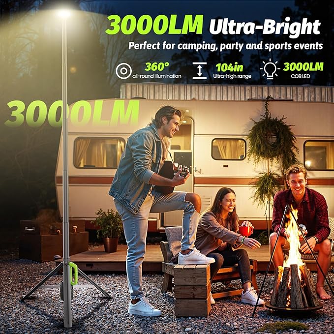 Rechargeable Telescopic Camping Light, 3000LM LED Work Lights on Stand, 8.4 FT Hight Light Ranger 80 FT Portable Outdoor Light, Quick Setup Tripod Light for Outdoor, Jobsite, Emergency