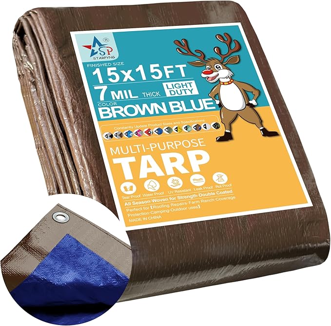 STARPYNG-7 Mil Brown/Blue 15x15 Feet Tarp-Multifunctional Waterproof Tarpaulin-Waterproof, UV Resistant, Rip and Tear Resistant, Poly Tarpaulin with Reinforced Edges for Cover