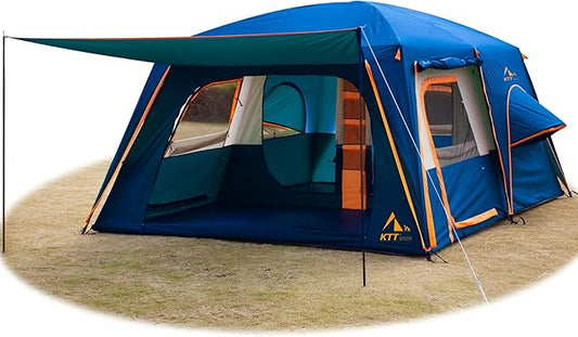 KTT Extra Large Tent 6-10-12-14 Person(A),Family Cabin Tents,2 Rooms,3 Doors and 3 Windows with Mesh,Straight Wall,Waterproof,Double Layer,Big Tent for Outdoor,Picnic,Camping,Family Gathering