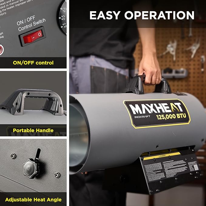 InoKraft Maxheat MH125 125,000 BTU Forced Air Propane Heater, Auto 25-95F On/OFF Control, Portable Garage/Shop Heater for Garages, Job Sites - 10ft Hose