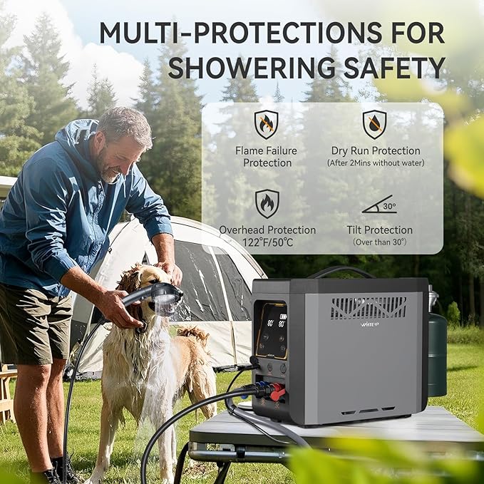 GPT3U Portable Propane Water Heater – Instant Hot Water, Constant Temperature Control, Rechargeable Battery, Safety Protections – Ideal for Camping, Hiking, Beach & Outdoor Adventures