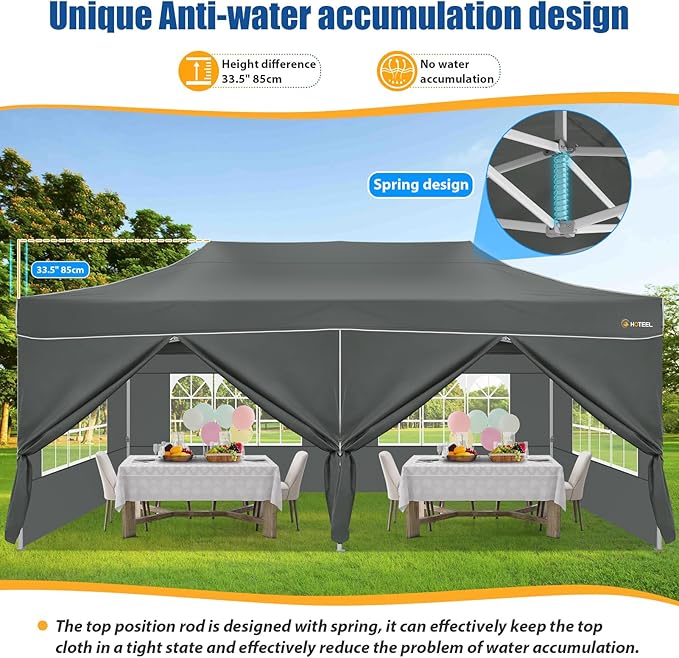 HOTEEL 10x20 Pop up Canopy Tent for Parties, Heavy Duty Easy Setup Tent with 6 Sidewalls, Outdoor Commercial Instant Gazebo for Wedding Event, with Roller Bag & Sand Bags, Grey(Hexagonal Frame)