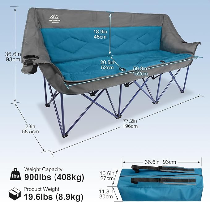 3 Person Camping Chairs,Supports 900Lbs,Oversized Loveseat Camp Chair w/Cup Holder,Wine Glasses Holder,Heavy Duty Extra Large Outdoor Folding Sofa Perfect for Family Picnic,Parties,Garden