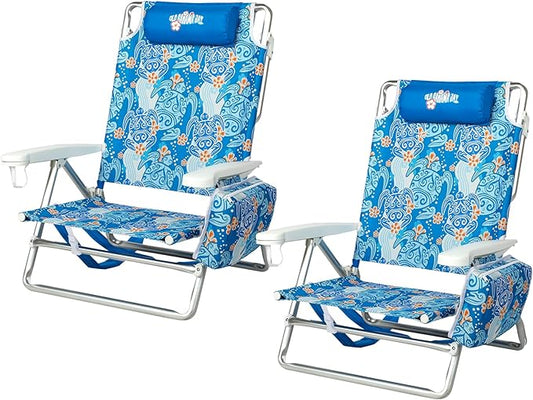Reclining Beach Chair Backpack 5-Position Lay Flat Lounge Chair for Adults Heavy Duty Portable Folding Lightweight with Cooler Bag Camping Chair for Sand Outdoor