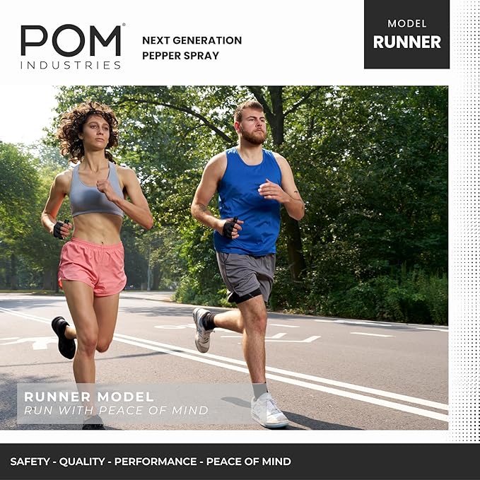 POM Pepper Spray Runner Model - Max Strength OC Spray - Athletic Stretch-Fit Glove, Breathable & Ambidextrous Design, Essential Runners Safety Gear, Flip Top, 35+ Bursts, 10-12 ft Range