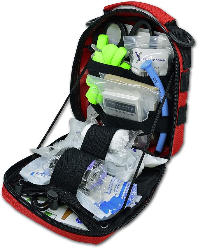 Lightning X Products Premium Nylon MOLLE Pouch Emergency Kit, Ideal for Tactical Medics, Military, Outdoor Enthusiasts (8" x 6.5" x 3", Black or Tan, for Gunshot Wounds & Bleeding Control)