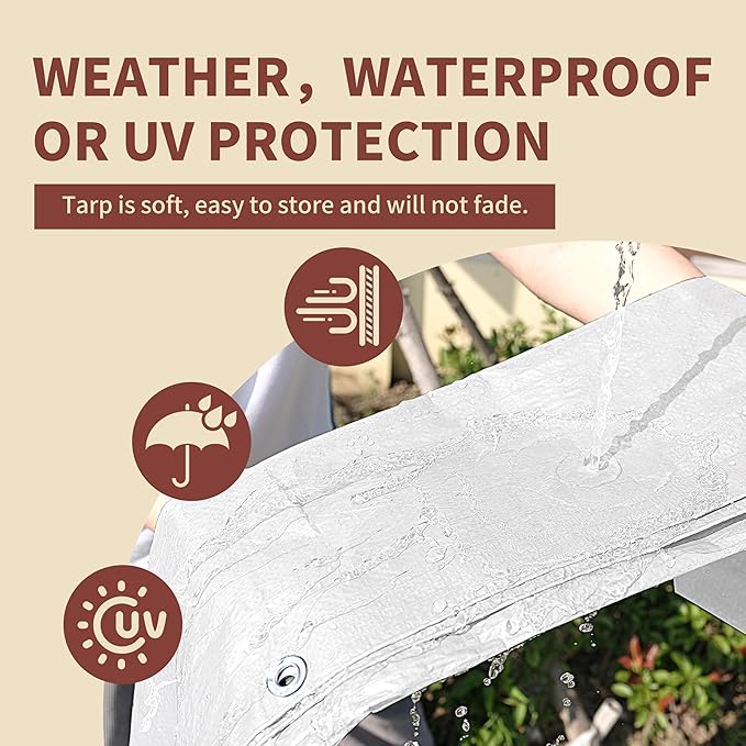 TARPAL 10'x12' White Tarp Waterproof 7.5 mil Medium Duty All Purpose Poly Tarps Cover Waterproof,Snow Proof UV Protection,Rip and Tear Proof,Poly Tarpaulin