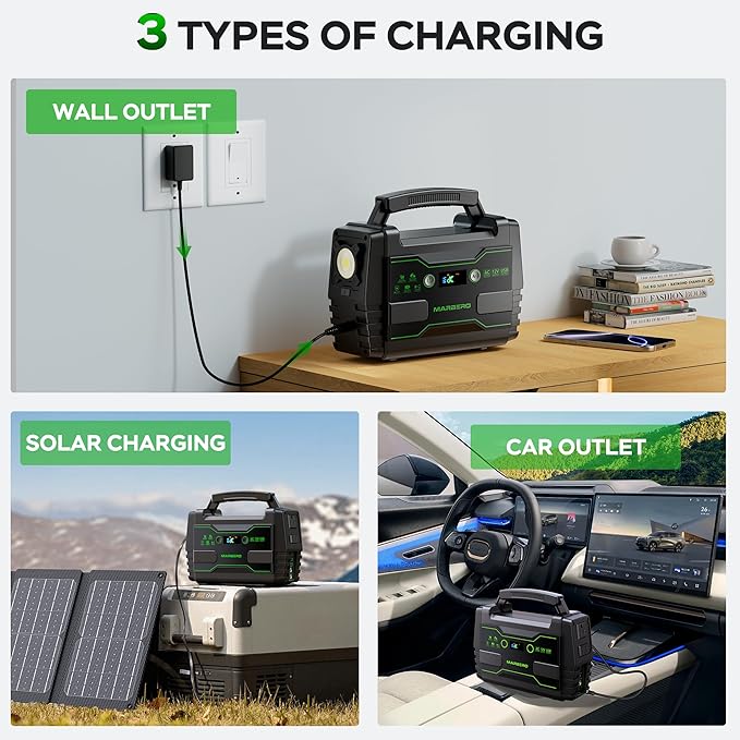 MARBERO Solar Powered Generator 155Wh with 30W Foldable Solar Panels 100W AC Output Lithium Battery Portable Power Station with AC DC and USB Outputs for Camping Emergency Home Backup Blackout Hiking