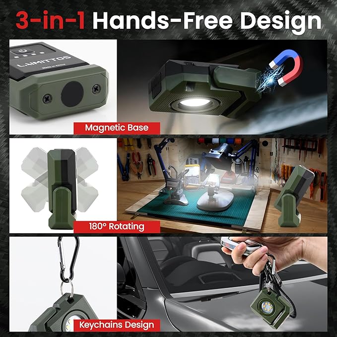 2 Pcs Mini Rechargeable LED Work Light, 550 Lumens Magnetic Flashlight Keychain Lights with Rotatable & Magnet Base Portable Mechanic Light for Car Repairing Outdoors Camping, Green