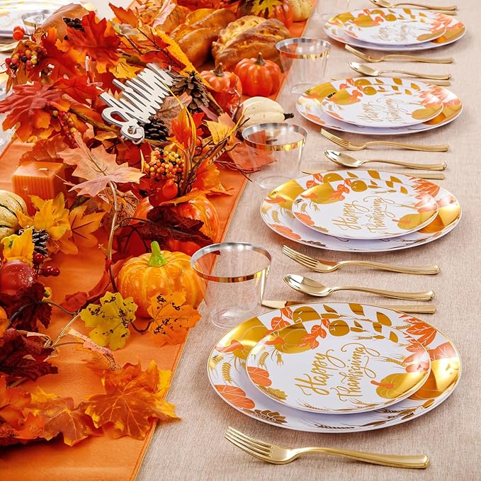 KIRE 150PCS Thanksgiving Plates Dinnerware Pumpkins - Plastic Thanksgiving Plates with Gold Silverware Include 25 for Dinner 25 for Salad 25Forks 25Knives 25Spoons 25Gold Cups