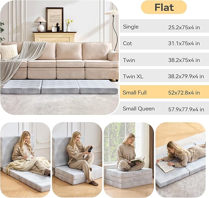 BDEUS Memory Foam Folding Mattress 4 Inch Small Full Size with Protable Storage Bag, Trifold Mattress Topper Soft Guest Bed Floor Mat for Kids Camping Road Trip, Gray, 52 x 73 Inch