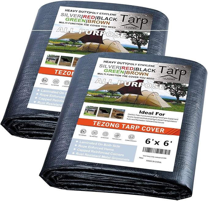 Tarp Heavy Duty Waterproof 6x6ft,TEZONG Black Tarp 12Mil Plastic Tarpaulin Outdoor Tarp Cover for Emergency Rain,Patio Furniture,Wood,Roof,Camping,Car,Pool 2pack