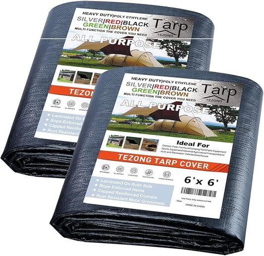 Tarp Heavy Duty Waterproof 6x6ft,TEZONG Black Tarp 12Mil Plastic Tarpaulin Outdoor Tarp Cover for Emergency Rain,Patio Furniture,Wood,Roof,Camping,Car,Pool 2pack