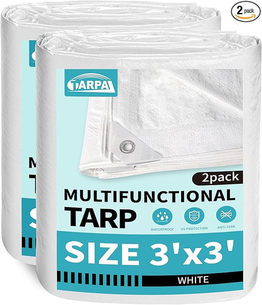 TARPAL 3x3 Feet Small Tarp Waterproof 6mil (2 Pack) White tarps Multipurpose Protective Cover All Purpose Poly Tarps Cover for Firewood Outdoor Furniture etc