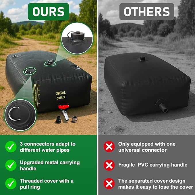 110L/29 Gal Water Bladder with Water Level Indicator, PVC Foldable and Portable Water Tank with 3 Connectors and Overflow Kit, Ideal for RV, Camping, Rainwater Collecting,Planting Watering