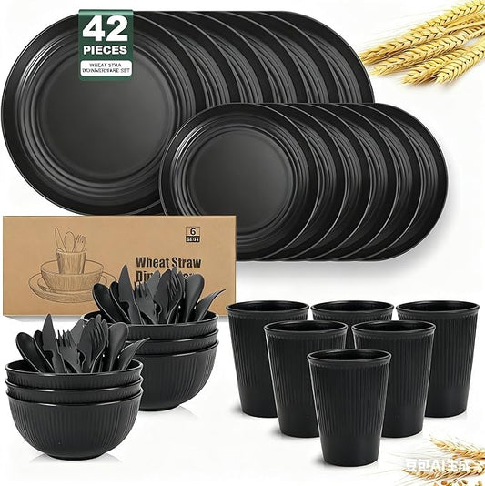 OAMCEG Wheat Straw Dinnerware Set | 42 pcs Plates and Bowls Sets for Kitchen & Camping | Wheatstraw Dinnerware Set Black dish set for 6 (Includes Dinner Plates, Bowls, Cups & Cutlery)
