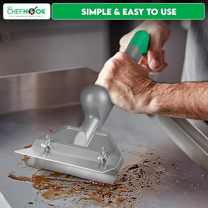Griddle Scraper with Long Handle, Heavy Duty Flat Top Grill Cleaner with Stainless Steel Blade & Splash Guard, BBQ Grill Accessory for Flat Top Griddles