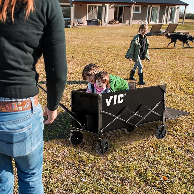 VIC Collapsible Folding Wagon Extra Long Extender Wagon Cart,Beach Wagons Cart Heavy Duty Foldable, Utility Grocery Car with Side Pocket for Camping Garden Sports, V1