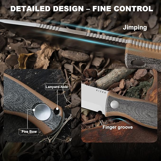 Kizer Polaris Fixed Blade Knife, 4.23" AEB-L Steel Camping Knife with Black Micarta & Brown G10 Handle, Outdoor Survival Hunting Bushcraft Knives with Adjustable Sheath & Sharpener, 1100A1