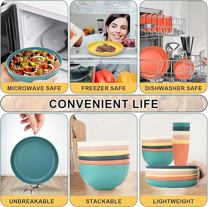 18PCS Wheat Straw Dinnerware Sets Unbreakable Dinnerware Sets Reusable Cups Plates and Bowls Sets Microwave Dinnerware Set for Kitchen Travel Camping