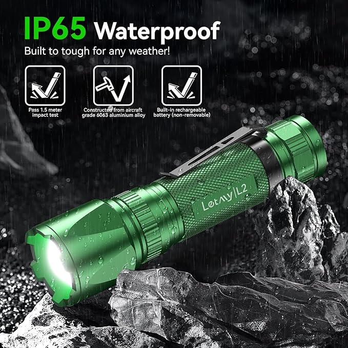 LETMY Rechargeable Flashlights High Lumens, 2 Pack 2000 Lumens Bright LED Tactical Flashlight, 3 Modes Samll Powerful Flash Lights with Clip, Waterproof Flashlights for Home Emergency Camping (Green)