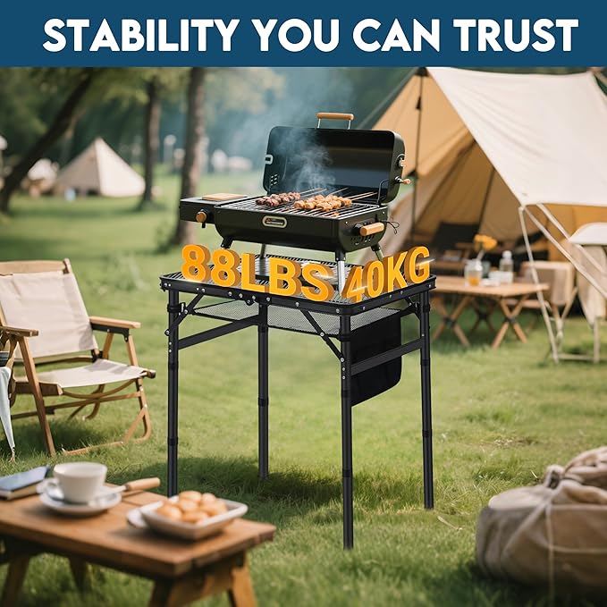 LOFTEY Small Folding Grill Table, Portable Picnic Table for Camping Outdoor Cooking BBQ, 3 Heights Adjustable Grill Stand with Mesh Bag, Easy for Storage, 23.6" L* 15.75" W * 27.7" H, Black