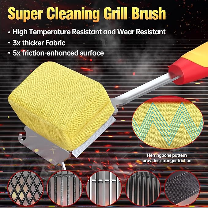 Grill Brush Bristle Free for Outdoor Grill, Steam Grill Cleaning Brush Replaceable BBQ Cleaner Brush Head,Extended Handle, Safe Grill Brush with Scraper for Cast Iron Stainless-Steel Grates,Deep Red