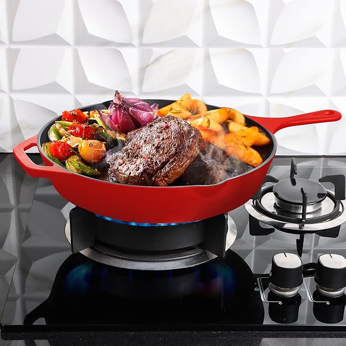 Utopia Kitchen Saute Frying Pan 12 Inch, Cast Iron Chefs Pan, Pre Seasoned Cast iron Skillet With Lid, Safe Grill Cookware for Indoor & Outdoor Use, Red