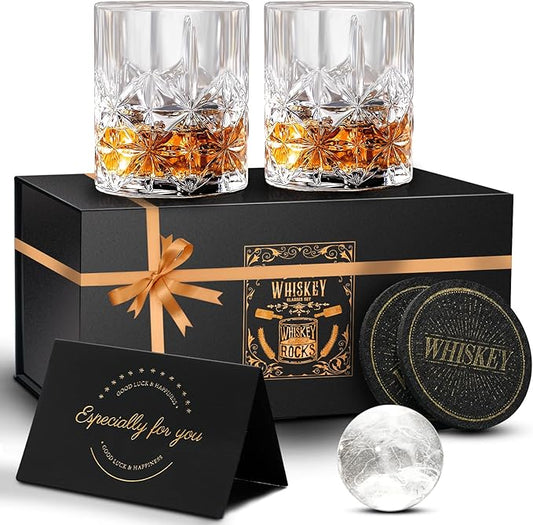 Whiskey Glasses Set of 2, 11 OZ Old Fashioned Glasses with 2 Ice Ball Molds, Bourbon & Scotch Glasses, Rocks & Cocktail Glasses, Rum & Whiskey Glasses for Men